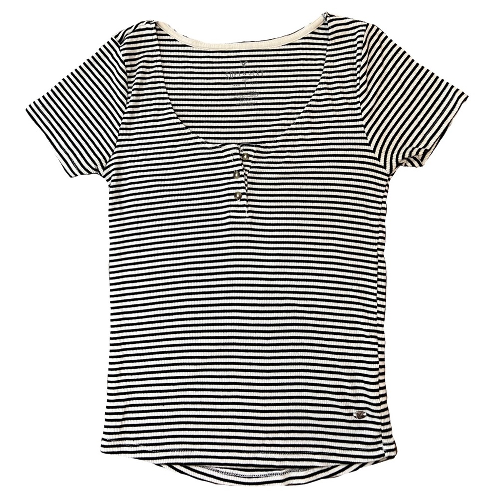 American Eagle Women’s Stretchy Black and White Striped T-Shirt Size Small